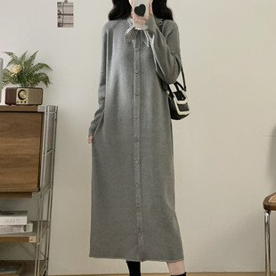 大码女装遮肚子韩版长袖针织连衣裙女春秋微胖mm宽松显瘦打底长裙