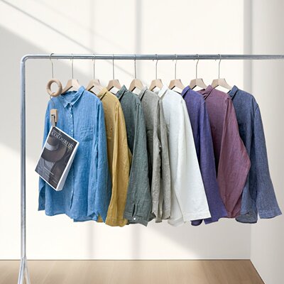 篙货！多色织亚麻翻领长