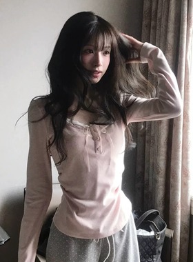 韩国小众设计cloudemotion芭蕾风纯欲软糯蝴蝶结长袖撞色打底衫女