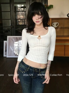 fortylions 早春韩系镂空针织衫方领修身针织T恤女显瘦打底针织衫