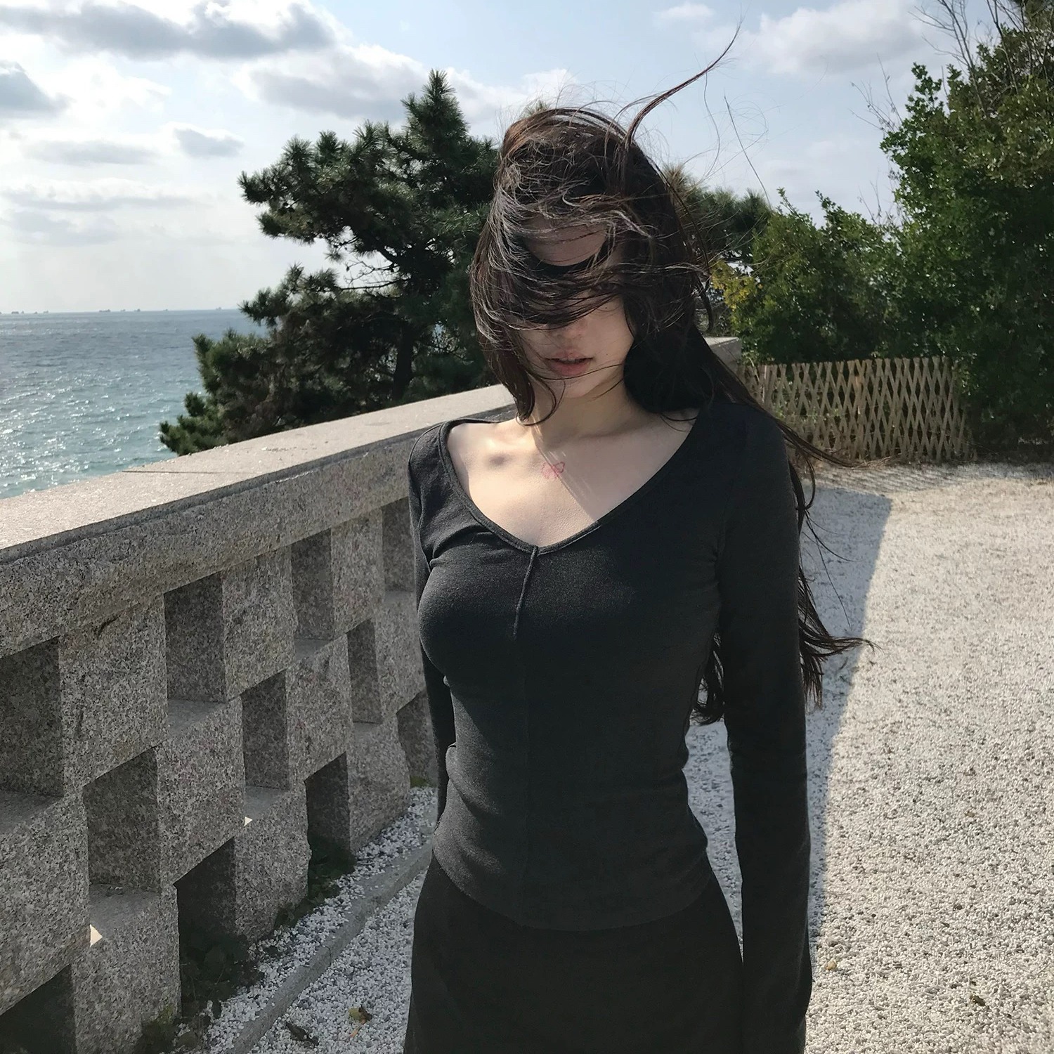 sheepland秋冬刚需 天鹅颈U领纯欲长袖T恤女秋高弹显瘦内搭打底衫