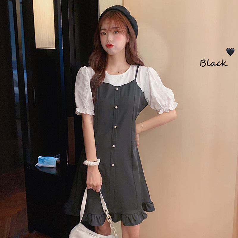 Real photo real price dress women 2020 new Korean version bubble sleeve short skirt fake two pieces of ear skirt