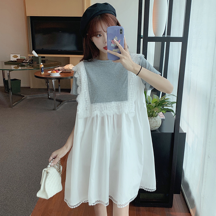 Real price summer T-shirt mid long dress Korean LACE SHORT SLEEVE fake two skirts