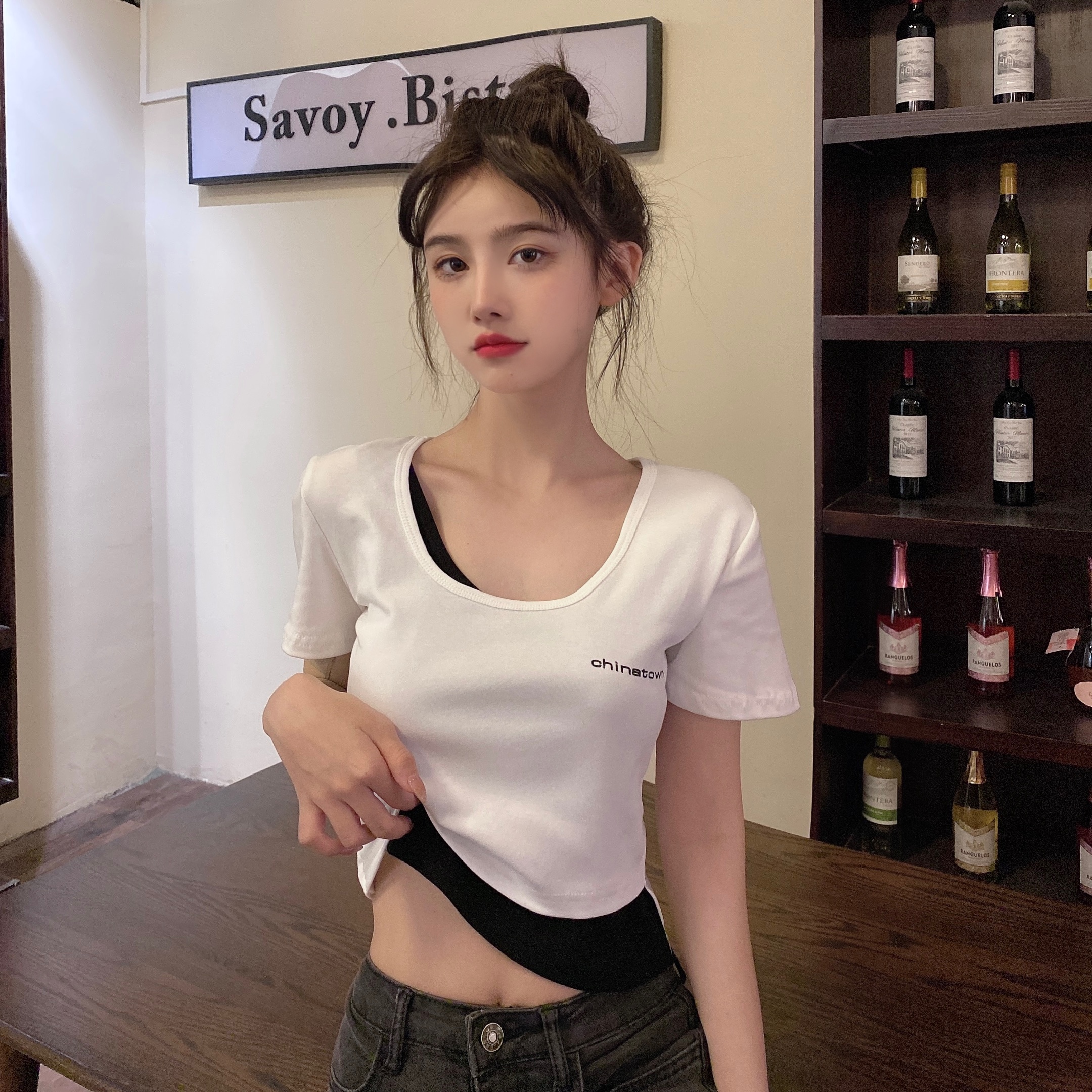 Real auction real price fake two pieces slim short sleeve short design sense small T-shirt blouse