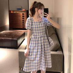 Real price retro waist square collar Plaid Dress women 2020 new Korean ins skirt + bag