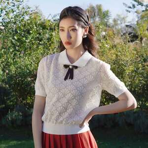 宝迪莱丝专柜正品2023夏莱赛尔天丝针织衫女短袖短袖薄款镂空上衣