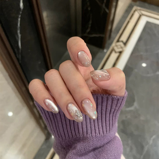 纯手工定制美甲成品冰透银白猫眼穿戴甲高级感星星碎钻假指甲贴片