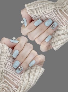 2025新款高级感闪钻气质蓝色高级感大钻美甲成品可拆卸手工穿戴甲