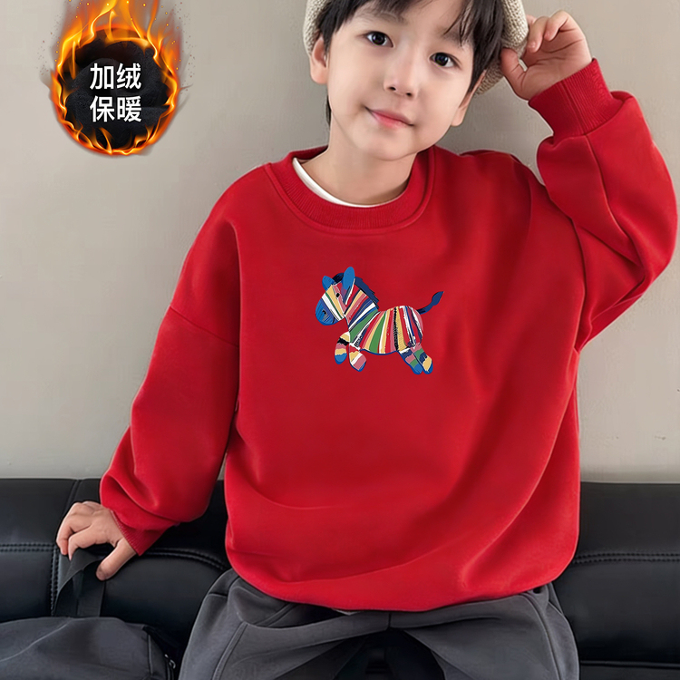 男童中大童长袖新年红色秋冬季加绒卫衣拜年服马年过年服上衣女童