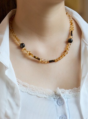 天然6mm黄水晶项链美拉德虎眼石金霸项链秋冬时尚百搭毛衣链