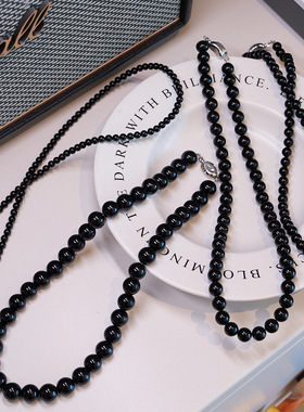 天然黑玛瑙项链黑色珠子串珠颈链小红书ins轻奢感骨链毛衣链