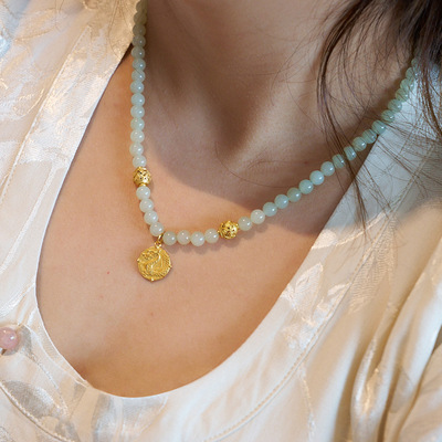 天然6mm和田玉项链925银龙运当头新中式锁骨链感玉石项链