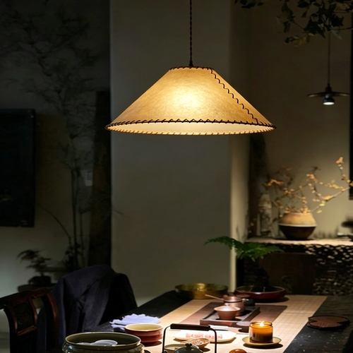 中古复古黄铜真牛皮餐厅吊灯手工编织缝线圆桌设计师款斗笠灯具