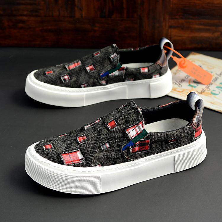 潮流欧洲站一脚蹬男帆布鞋破洞个性透气休闲男布鞋拼色网红痞帅鞋