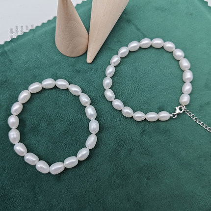 5-6-7米形珍珠手链天然珍珠瑕疵少光泽好弹力线银扣女配送手链盒