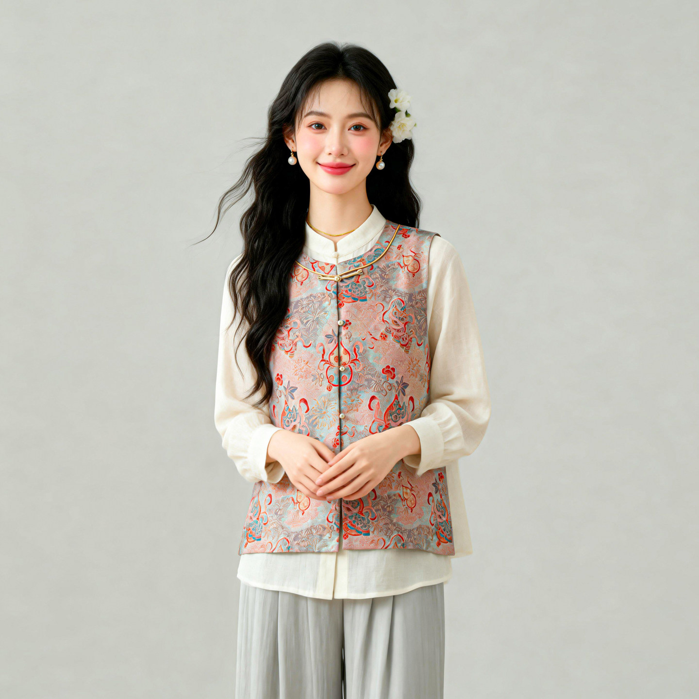 葫芦醒狮~真丝桑蚕丝宋锦对襟马甲圆领新中式国风女背心外穿上衣