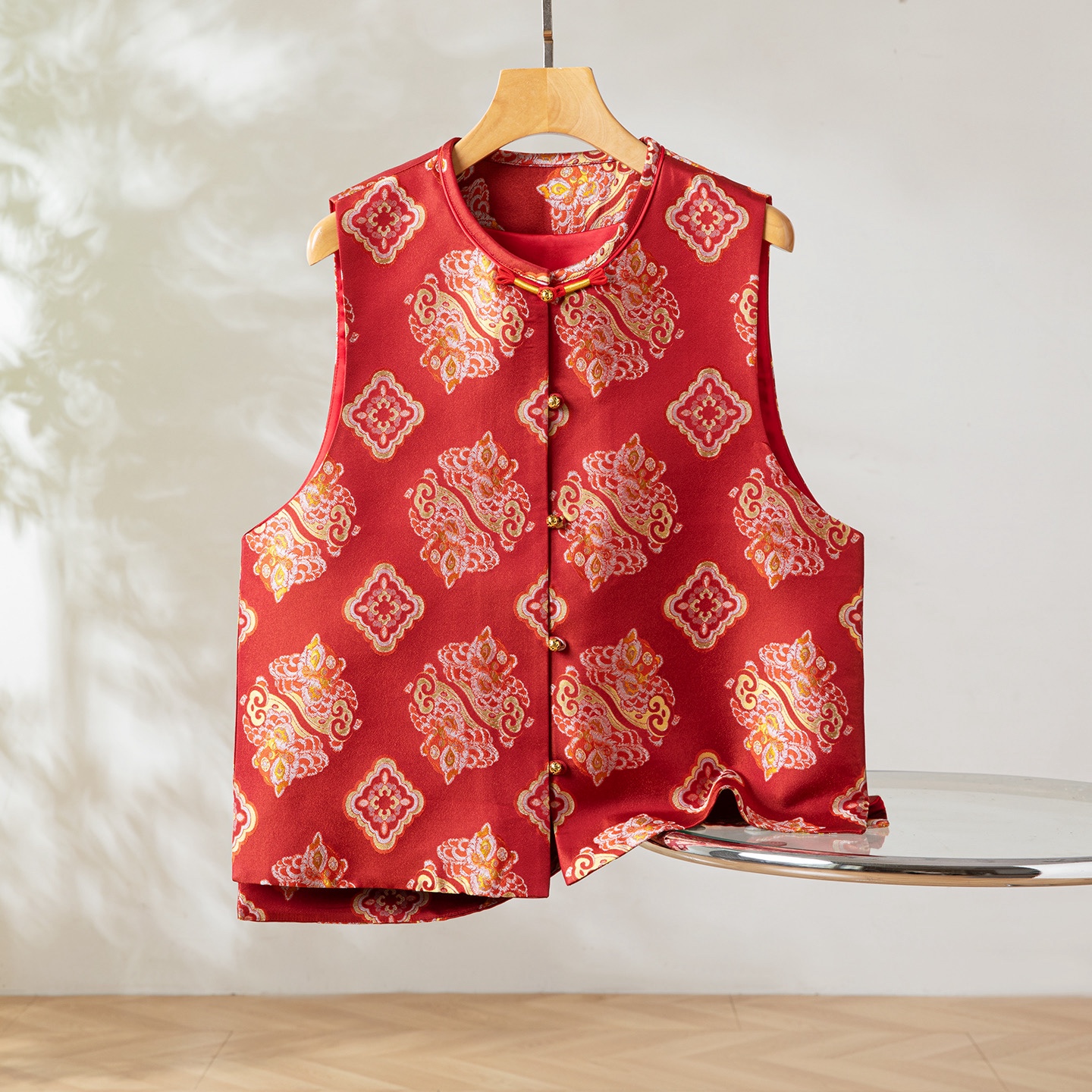 狮事如意～真丝桑蚕丝宋锦对襟马甲圆领新中式国风女背心外穿上衣