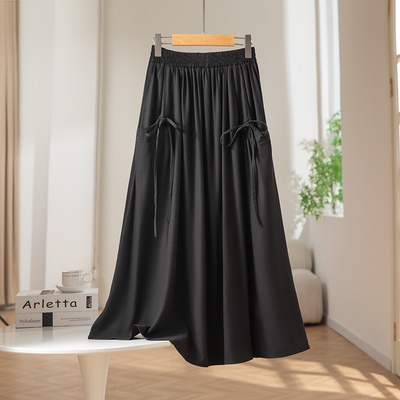 设计感系带口袋a字裙真丝绢丝中长款半身裙女夏季大摆显瘦工装裙