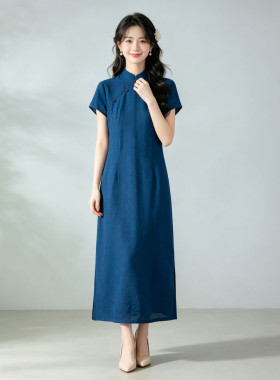 新中式真丝干丝蓝色立领拉链改良版连衣裙新款女夏短袖国风旗袍裙