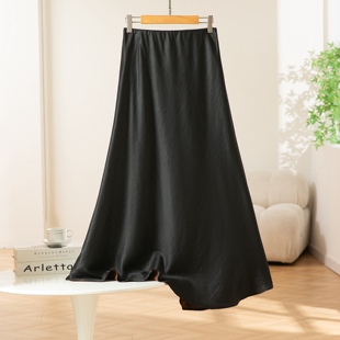 高端斜裁真丝香云纱皮子半身裙女桑蚕丝松紧腰显瘦长款重磅鱼尾裙