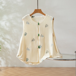 坎肩背心外套葫芦刺绣马夹桑蚕丝上衣 真丝丝绒马甲女无袖 秋季 新款