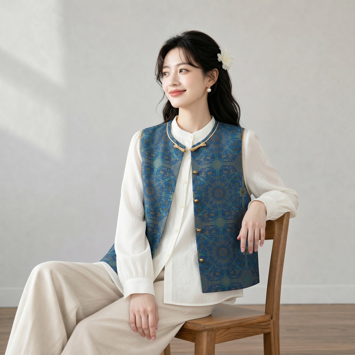 蓝八达运～真丝桑蚕丝宋锦对襟马甲圆领新中式国风女背心外穿上衣