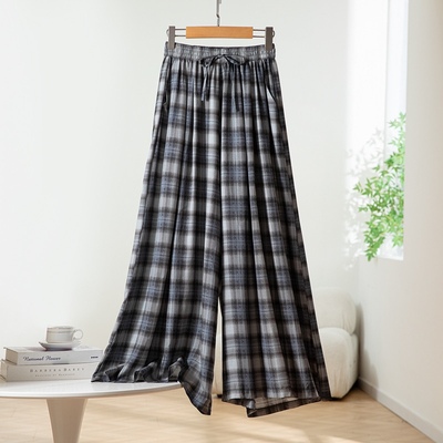 超大裤脚～桑蚕丝绢丝格子阔腿九分裙裤女春夏高腰宽松遮肉显瘦