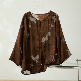 夏日透气清凉桑蚕丝真丝剪花绡上衣圆领长袖宽松休闲百搭防晒衬衣