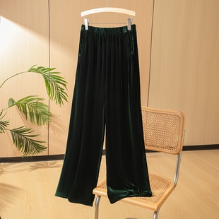 子潮 复古高腰宽松百搭垂感直筒裤 绿色真丝丝绒阔腿长裤 女春夏新款