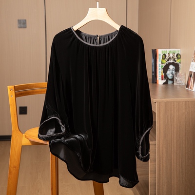 真丝丝绒~褶皱圆领设计感宽松衬衫女桑蚕丝七分袖通勤丝滑上衣