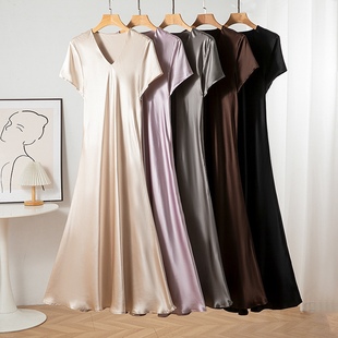 穿出蜂腰细腿 真丝素绉缎显瘦V领修身收腰连衣裙短袖气质长裙女夏