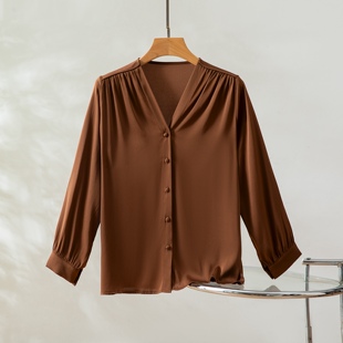 经典麻绳衬衫弹力双乔咖啡色显白长袖衬衫桑蚕丝开衫外套