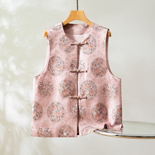 三马家花团锦簇～真丝桑蚕丝宋锦对襟马甲圆领国风女背心外穿上衣