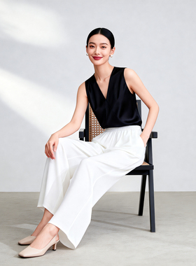 桑蚕丝亮面素绉缎懒人宽松显瘦垂感阔腿女夏直筒高腰白色休闲裤