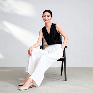 桑蚕丝亮面素绉缎懒人宽松显瘦垂感阔腿女夏直筒高腰白色休闲裤
