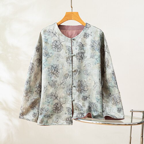 牡丹花双面穿桑蚕丝丝羊毛上衣女长袖开衫国风新中式圆领落肩外套