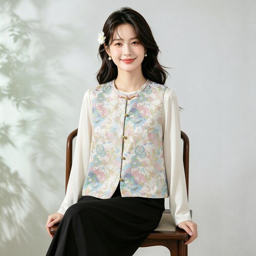 桃花源～真丝桑蚕丝宋锦对襟马甲圆领新中式国风女背心外穿上衣
