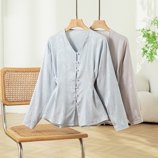 真丝桑蚕丝全萝提花衬衫女V领收腰上衣宽松显瘦百搭女神衬衣