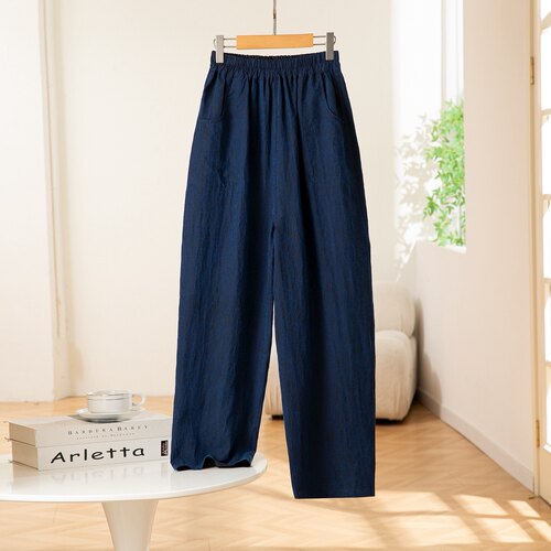 蓝黑双面穿！真丝龟裂纹香云纱复古文艺感弯刀裤松紧腰宽腿裤长裤