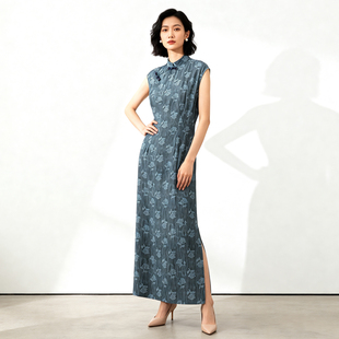 新中式真丝绢丝立领拉链改良版连衣裙新款女夏短袖国风旗袍裙子