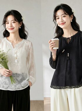 黑白色~中式甜美锺工刺绣V领系带上衣宽松八分袖女装衬衫