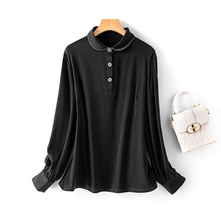 春秋季 女黑色 淑女气质桑蚕丝衬衣显瘦华丽名媛真丝弹力双乔缎衬衫