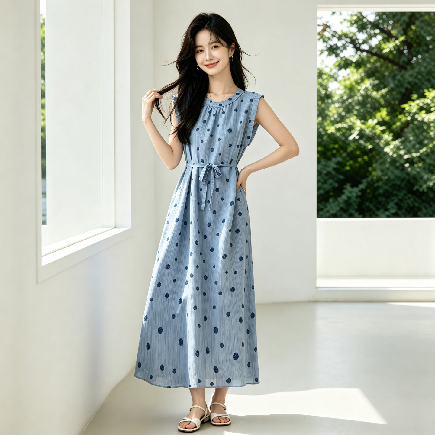 真丝双绉圆领宽袖连衣裙女夏季新款收腰显瘦蓝波点背心裙图片