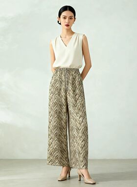 老钱树叶人字纹真丝双绉阔腿裤女慵懒百搭显瘦松弛感休闲直筒长裤