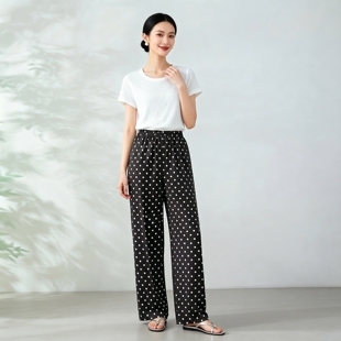 垂感好～真丝建宏绉波点直筒裤女夏季新款高腰宽松休闲桑蚕丝裤子
