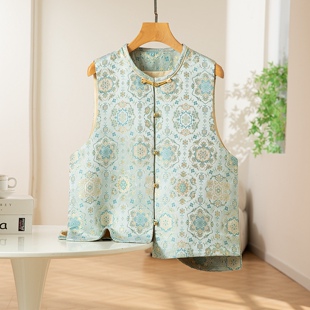 蓝宝相～真丝桑蚕丝宋锦对襟马甲圆领新中式国风女背心外穿上衣