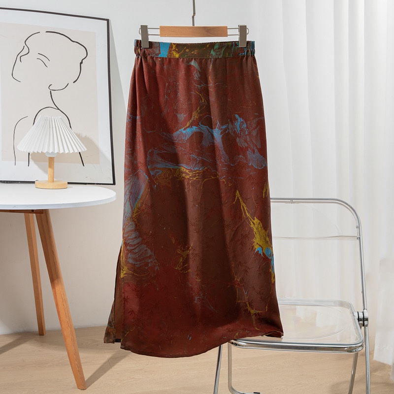 香云纱红云缎提花墨池桑蚕丝显瘦高筒裙包臀半身裙侧开叉