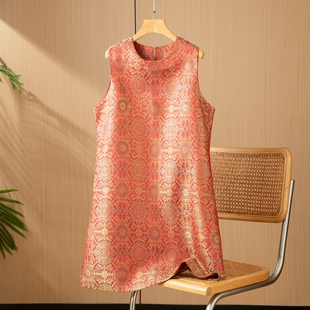 奢华大气红八达桑蚕丝宋锦新中式外穿马甲裙圆领无袖背心连衣裙