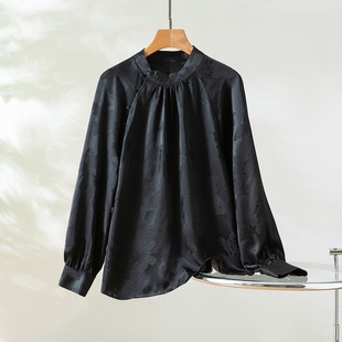 黑白百搭法式优雅100%桑蚕丝提花花萝斜襟立领真丝衬衫宽松气质