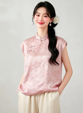 真丝桑蚕丝彩金竹子提花缎斜襟盘扣上衣新中式国风短袖衬衫女夏